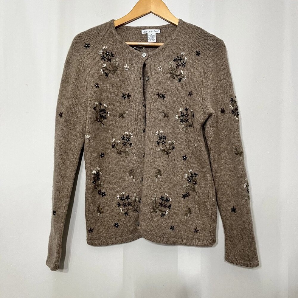 Eagle's Eye Cardigan 100% Lambs Wool Medium Australia Floral Beaded